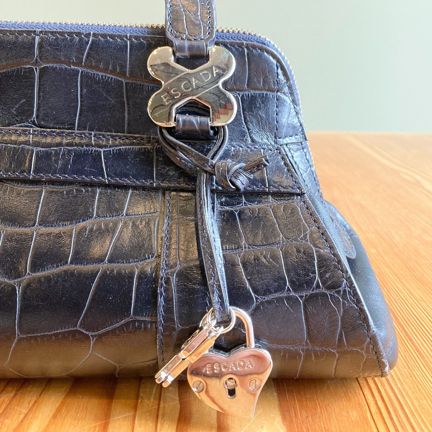 Vintage Escada Black Croc Embossed Top Zip Mini Handbag Purse 1107SS