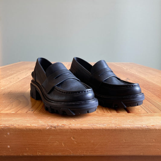 Rag & Bone Black Leather Shiloh Lug Sole Penny Loafers Shoes - Size 35 - 0607HL