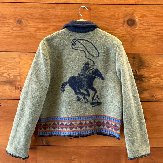 Wooden River Vintage Green Cowboy Horse Print Wool Jacket - Size M - 0312IG