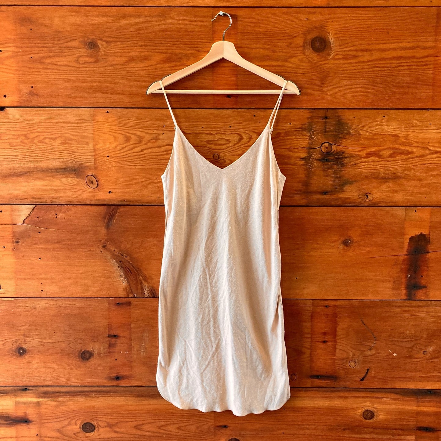 S - Ozma Beige 100% Raw Silk Sleeveless Adjustable Strap V Neck Dress 0312IG