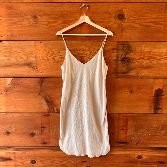 S - Ozma Beige 100% Raw Silk Sleeveless Adjustable Strap V Neck Dress 0312IG