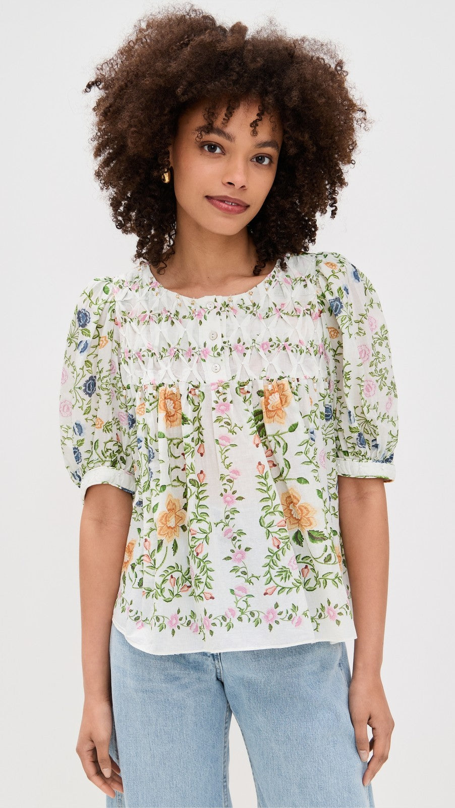 Farm Rio $190 Floral Bead Patterned Folk Blouse Top - Size L - NEW - 0206BS