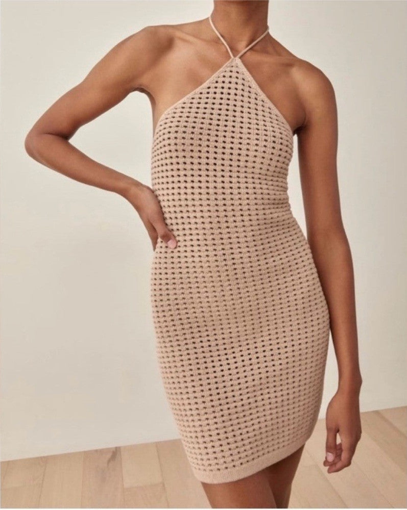Reformation Tan Knit Cotton Halter Tie Neck Dress - Size XL - NEW - 1125EA