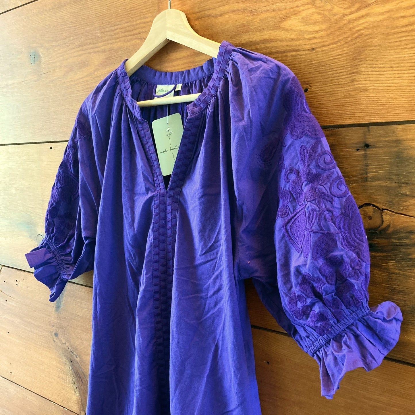 Julia Amory Purple Embroidered Midi Puff Sleeve Dress - Size S - 1107TZ