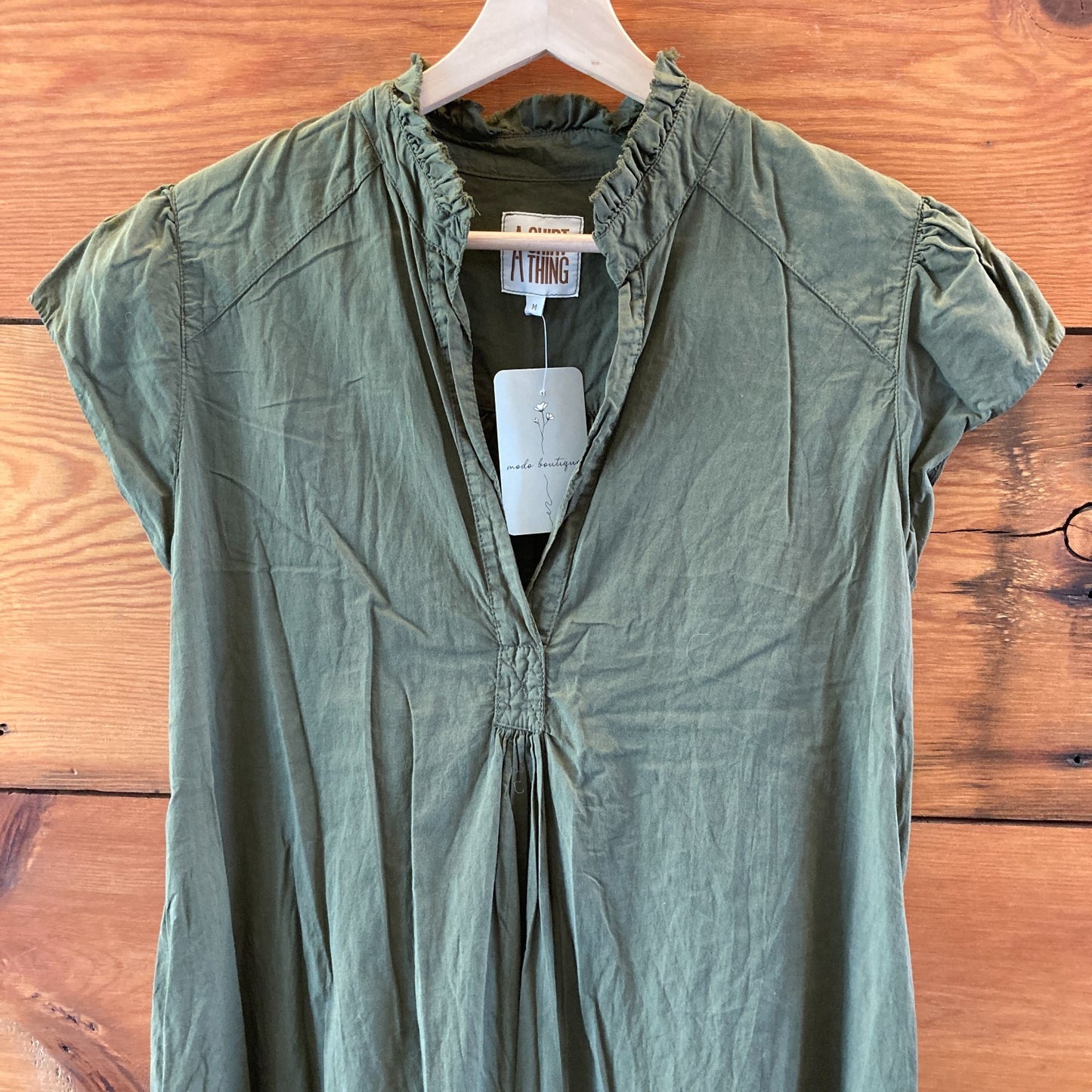 A Shirt Thing Army Green Cotton V Neck Cap Sleeve Maxi Dress - Size M - 4427SC