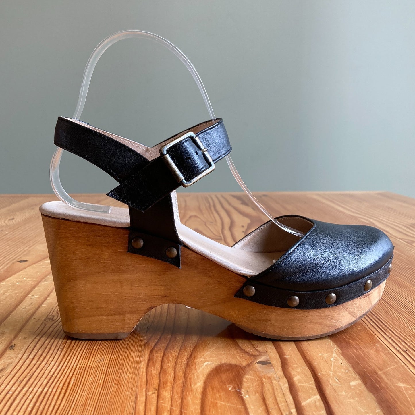 Five Worlds by Cordani Black Platform Wood Sole Studded Clogs - Size 9 - 0314GM
