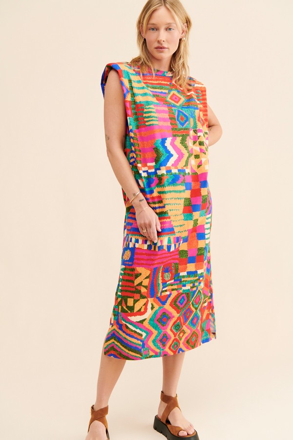 Farm Rio $135 Summer Patches Vibrant Mid Length T Shirt Dress - Size XL - 0218NM