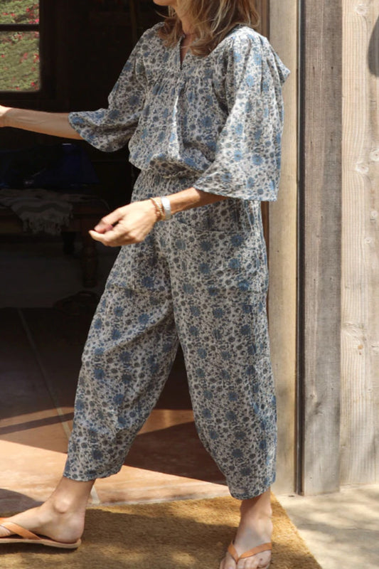 Pietsie $285 Blue Floral Smocked Waist Cropped Paz Pants - Size M - 0318TR