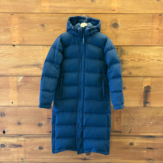 XS - TNA Aritzia Navy Blue Super Puff Long 700 Down Hooded Puffer Jacket 0518AF