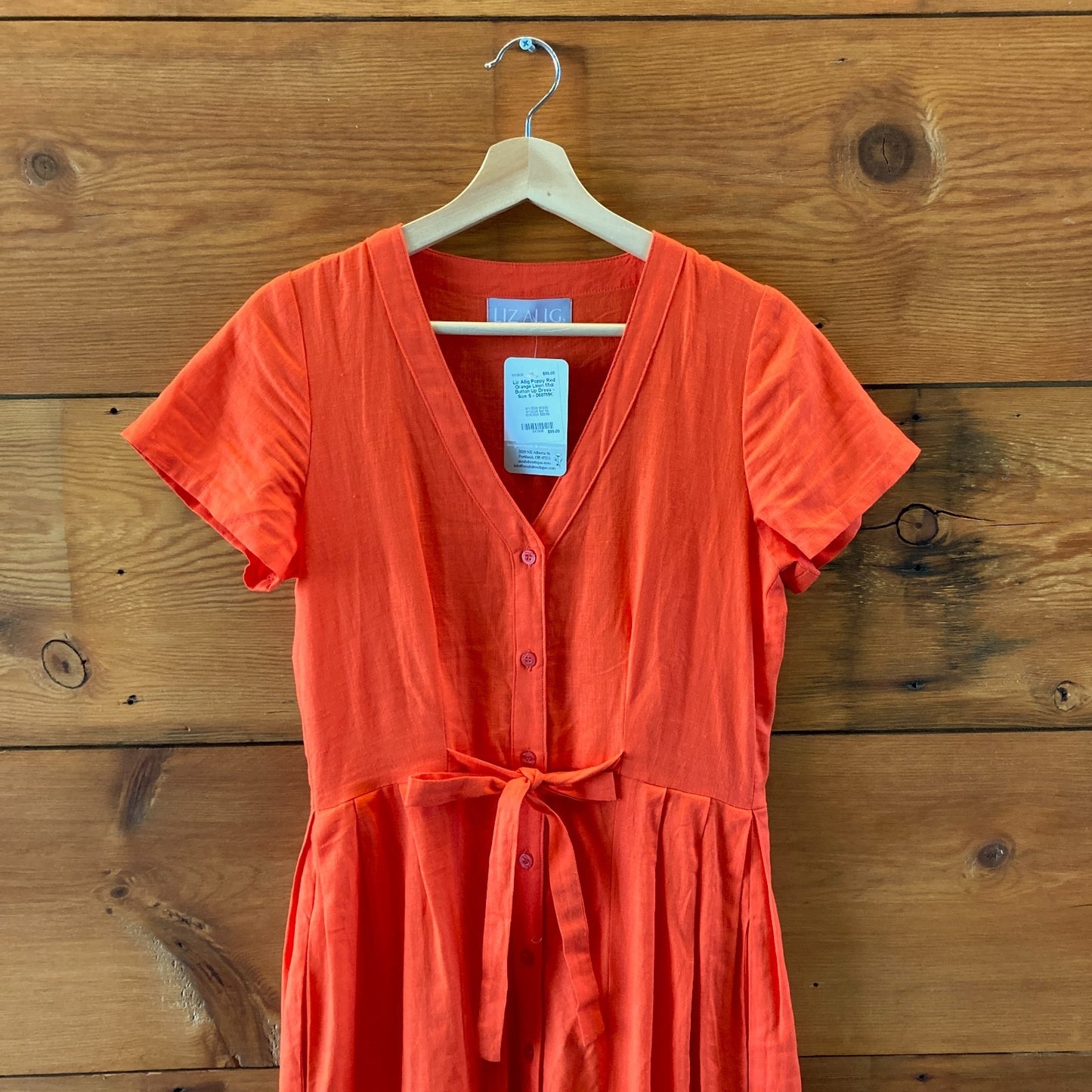Liz Allig Poppy Red Orange Linen Midi Button Up Dress - Size S - 0607MK