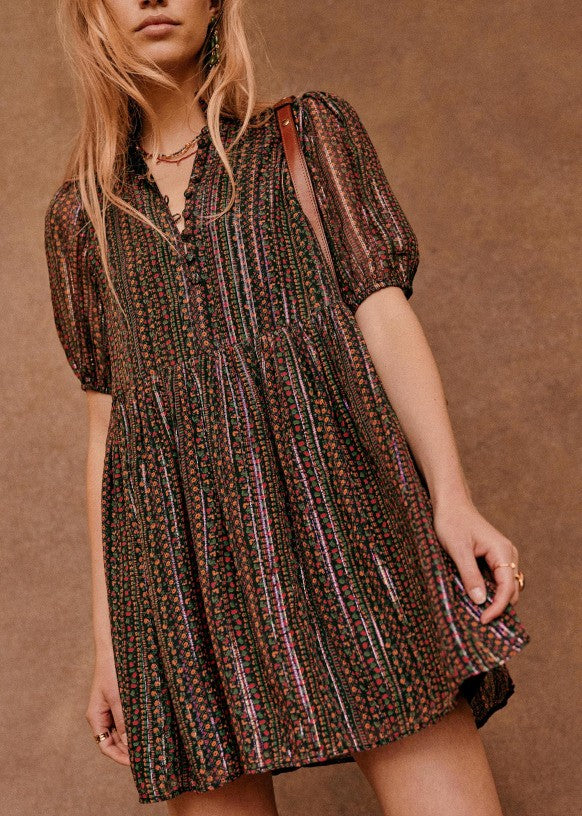 Sezane Autumn Prints Floral Pattern Metallic Thread Holy Dress - 0503RK