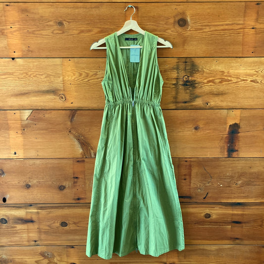 Deluc Green Sleeveless Zip Front Midi RUBBENS V-Neck Dress - Size XS - 0718DK