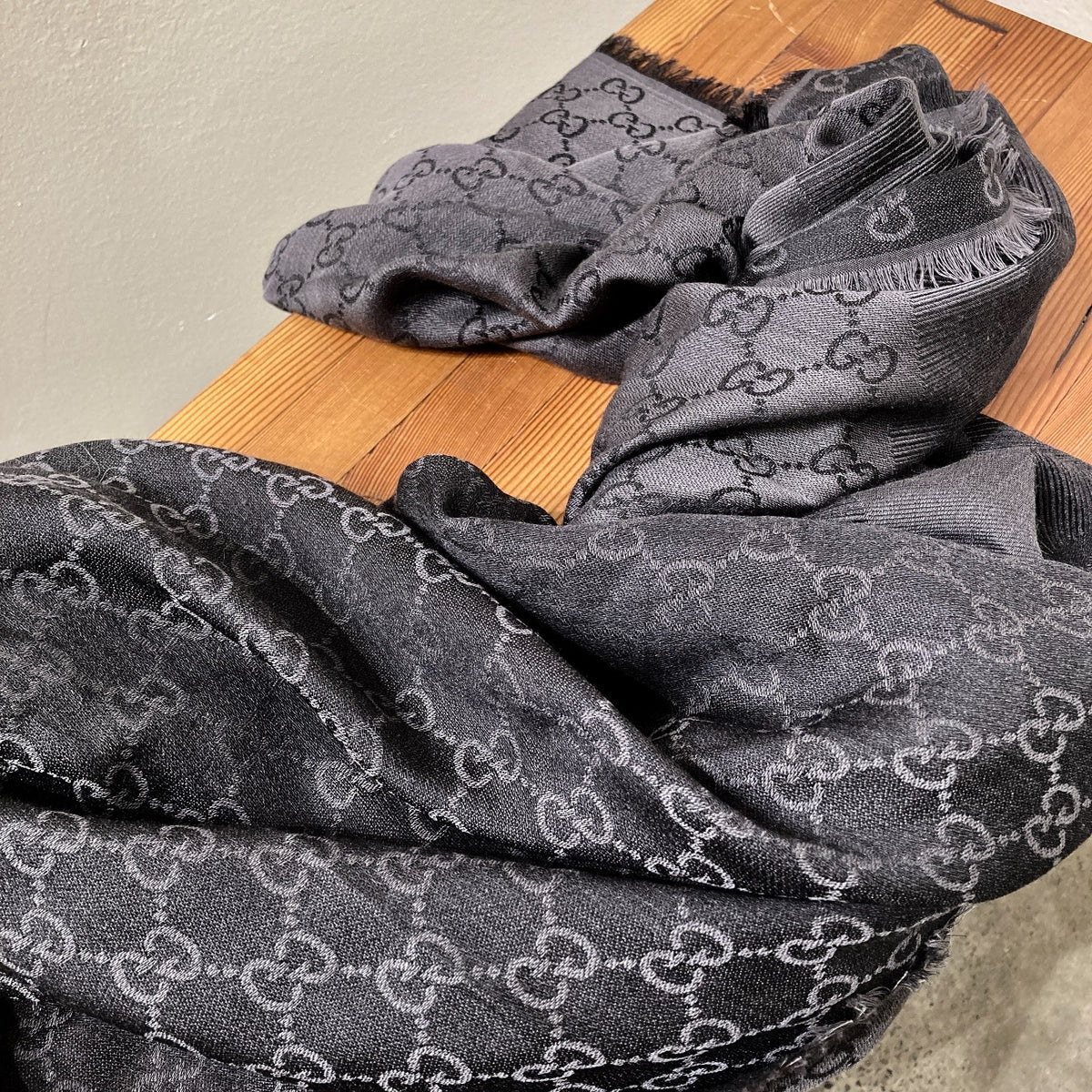 Gucci Gray GG Monogram Wool-Silk Frayed Edge Scarf - 0530JF