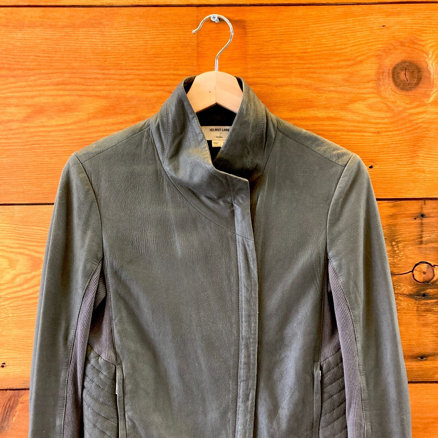 S - Helmut Lang Dark Gray Paper Leather Asymmetric Zip Moto Jacket 0113TS