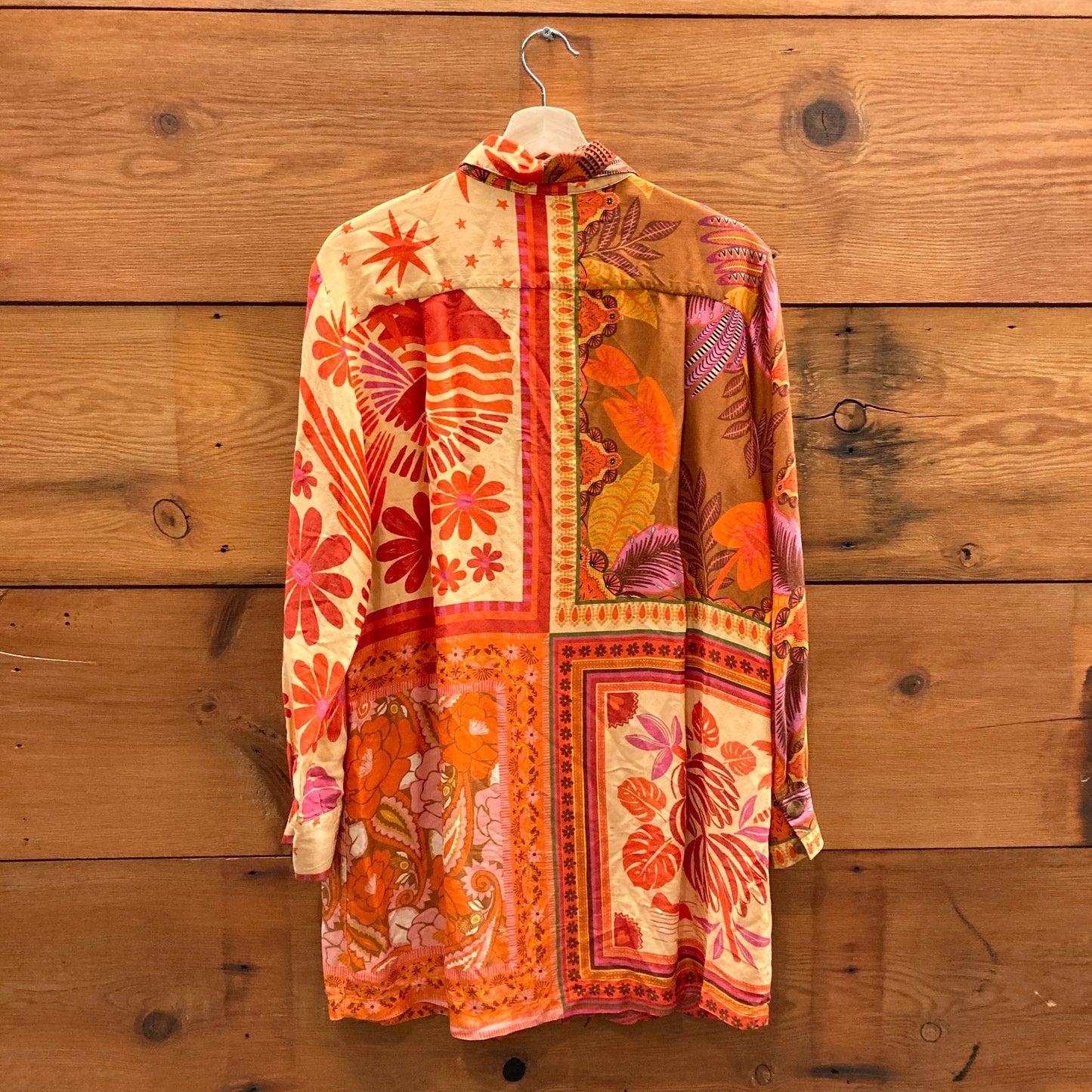S - Farm Rio Silky Mixed Scarves Patterned Button Up Chemise Dress Tunic 0812LD