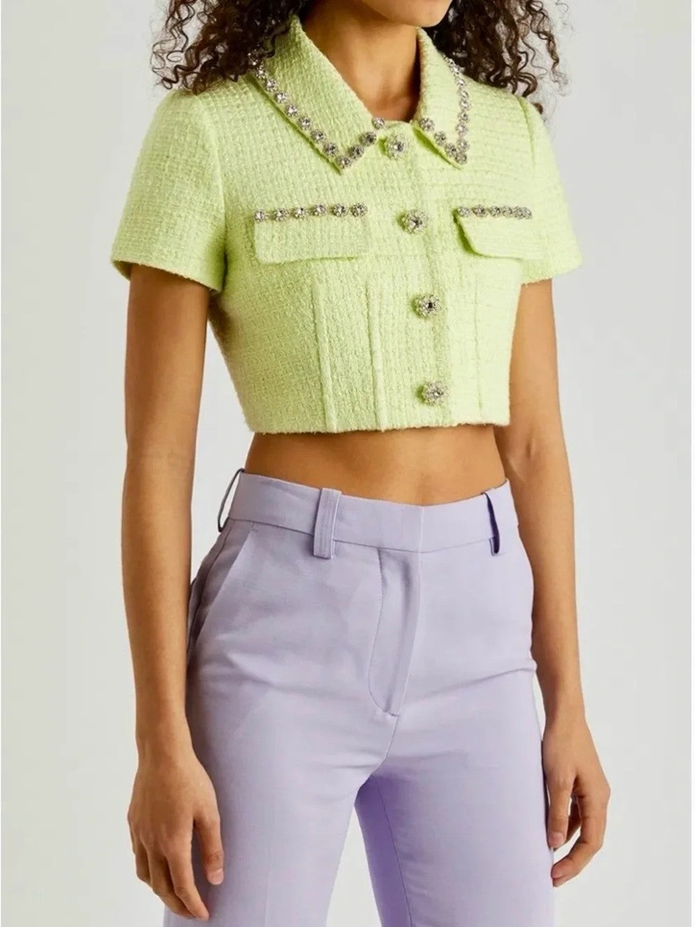 Self Portrait Pale Lime Green Crystal-Trim Tweed Crop Jacket - Size 8 - 1016LD