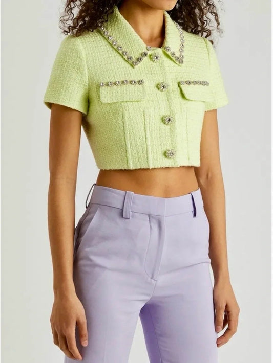 Self Portrait Pale Lime Green Crystal-Trim Tweed Crop Jacket - Size 8 - 1016LD