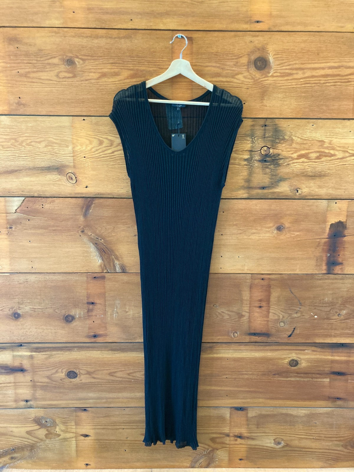 Massimo Dutti Black NEW Ribbed Knit Short Sleeve Dress w/ Slip - Size L - 0313AH