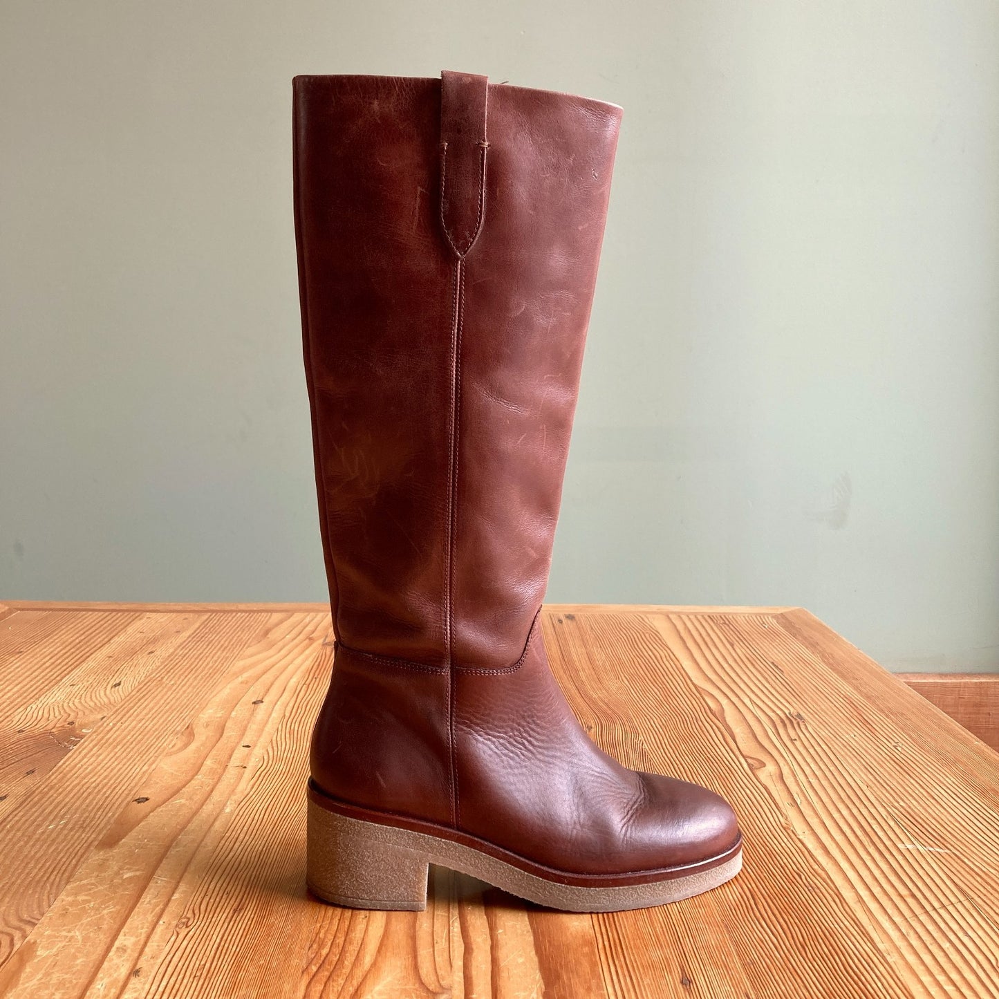 Anthropologie Brown Leather Gum Heel Knee High Boots - Size 39 / 8.5-9 - 0618AS