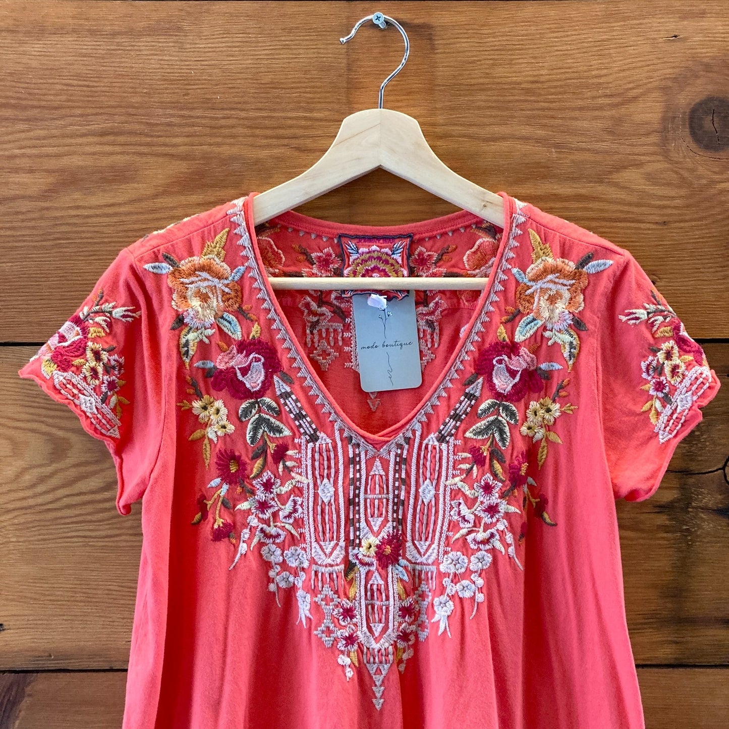 Johnny Was JWLA Coral Pink Embroidered V-Neck Shirt - Size S - 0423MR