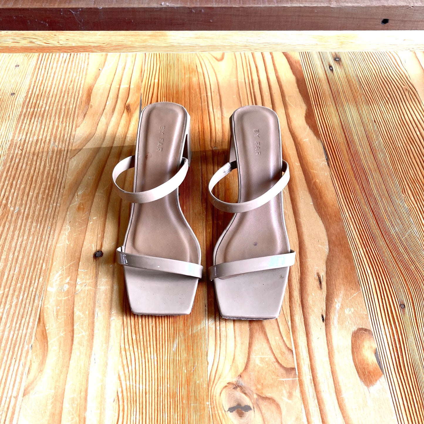 37 / 7 - By Far Nude Tan Patent Leather Tanya Slip On Heels Sandals 1016LD