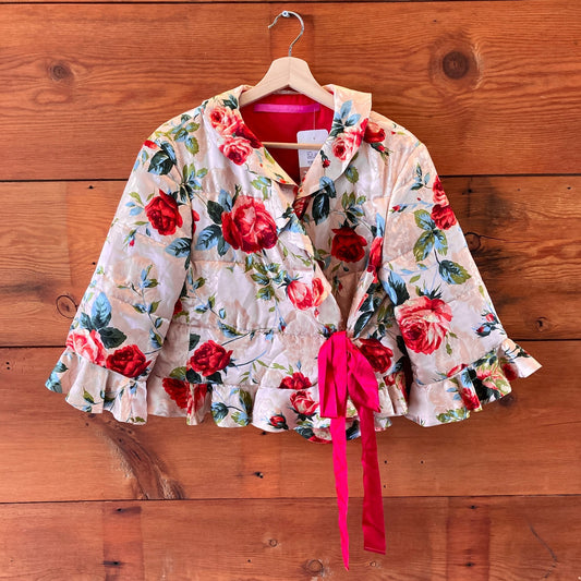 38 / M - Emanuel Ungaro Silk Rose Patterned Quilted Ruffle Trim Jacket 0316CK