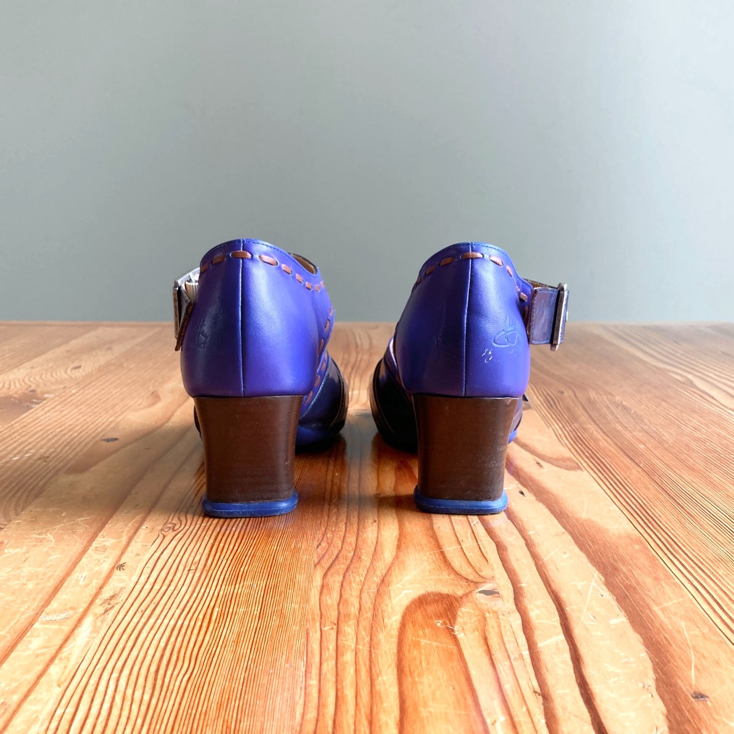 10 - John Fluevog Purple Leather Stitched Open Toe Renee Heels Shoes 1008CR