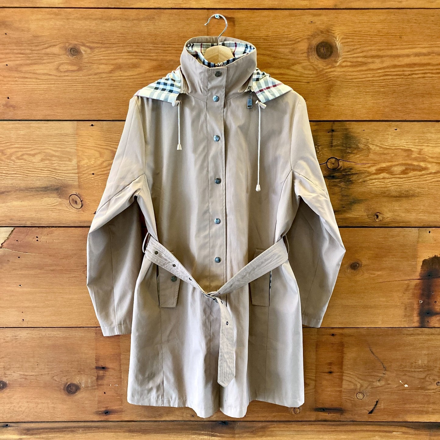 Burberry Tan Nova Check Lined Hooded Belted Snap Front Jacket - Size L - 0617MV