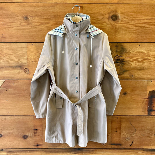 Burberry Tan Nova Check Lined Hooded Belted Snap Front Jacket - Size L - 0617MV