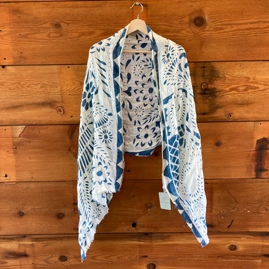 Epice Paris Blue White Geometric Graphic Print Linen Stole Scarf - 4427SC