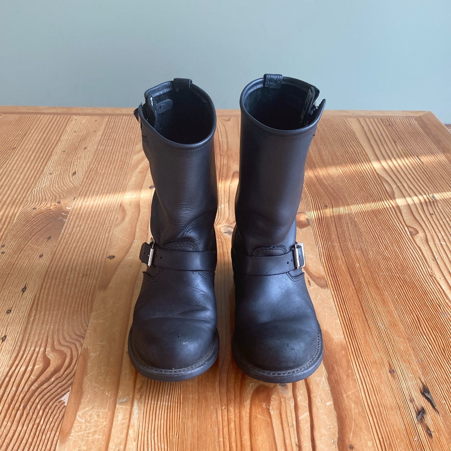8.5 - Frye Black Leather 12R Engineer Moto Biker Mid Calf Boots 0504AK