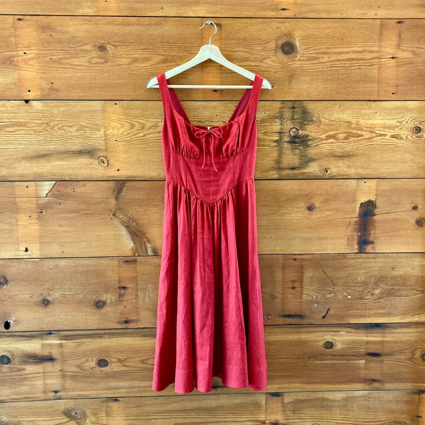 Reformation $278 Red Linen Smocked Balia Midi Dress - Size 6 Petite - 0607AB