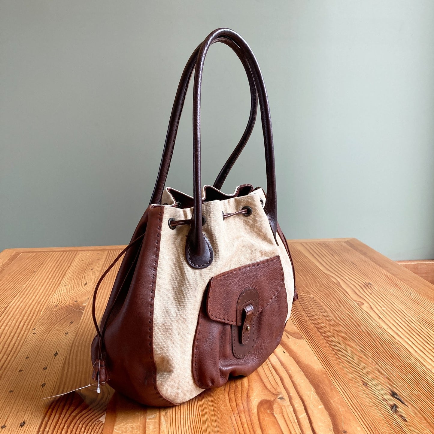 Henry Beguelin Brown Leather Natural Canvas Hobo Drawstring Shoulder Bag 0503MC