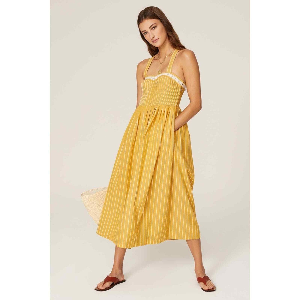 The Great. Yellow Striped Laurel Sweetheart Midi Dress - Size 1 / S - 0607MK