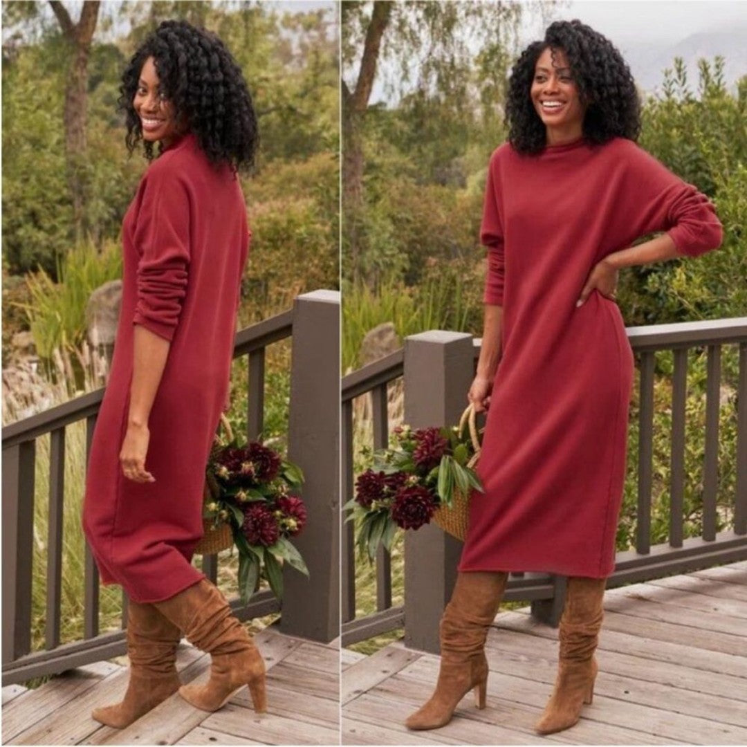 S - Frank & Eileen Cranberry Red Isabelle Izzie Funnel Neck Fleece Dress 0916VB
