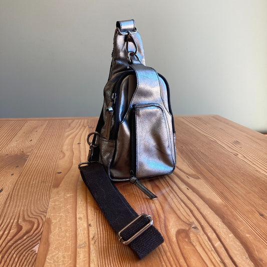 Free People Gunmetal Metallic Leather Hudson Sling Crossbody Bag - 0425SV