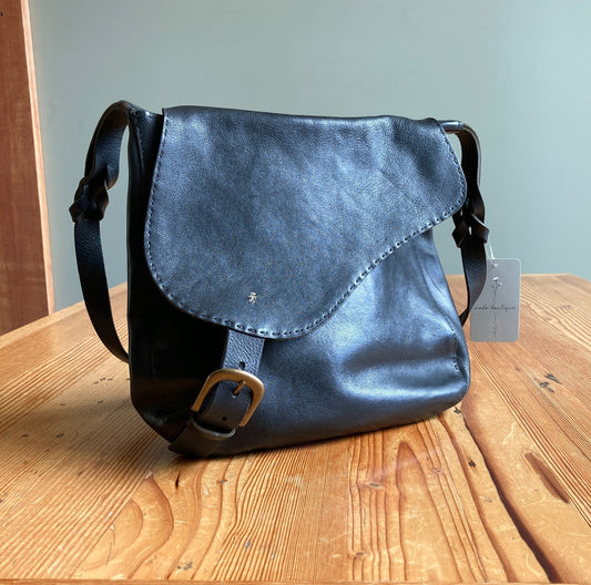 Henry Beguelin Black Leather Asymmetric Flap Closure Satchel Purse - 0209SB
