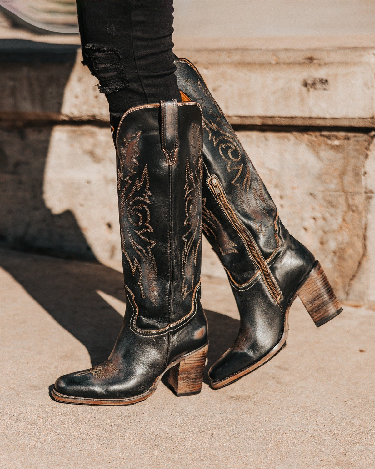 9 - Freebird Black Leather Embroidered Heeled Panama Knee High Boots 0628AC