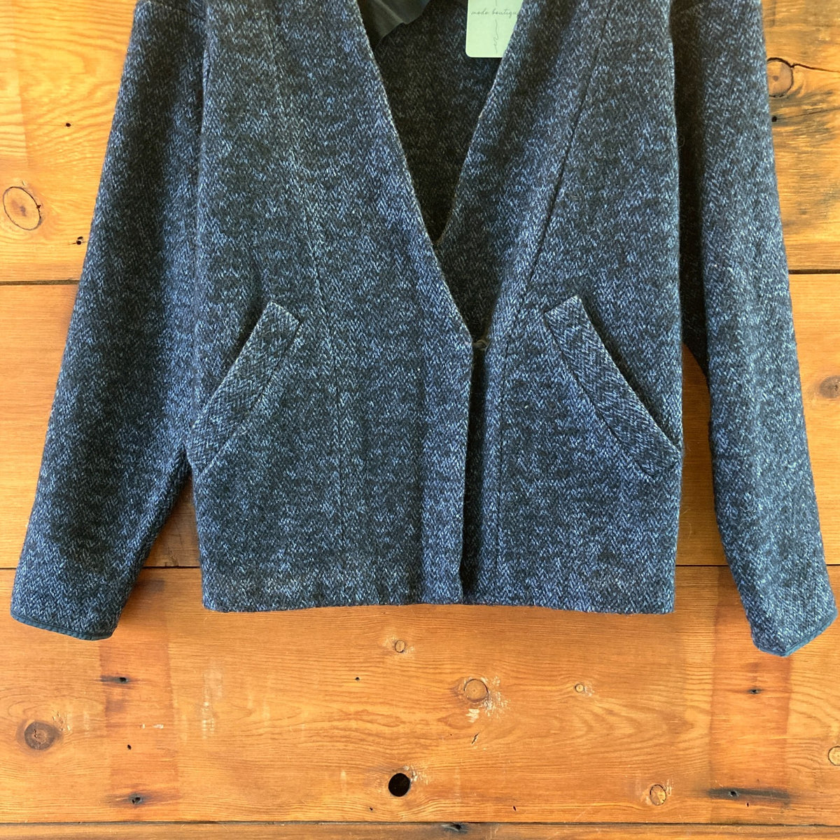 See by Chloe Navy Blue Herringbone Tweed Wool Open Front Blazer - Sz 4 - 0927EK