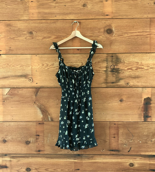 Reformation Black Floral Print Silvia Mini Ruffled Sun Dress - Size S - 0426CR