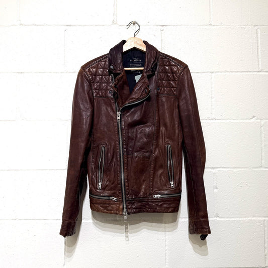AllSaints Brown Leather Conroy Biker Zip Moto Jacket - Size XS - 0812AL