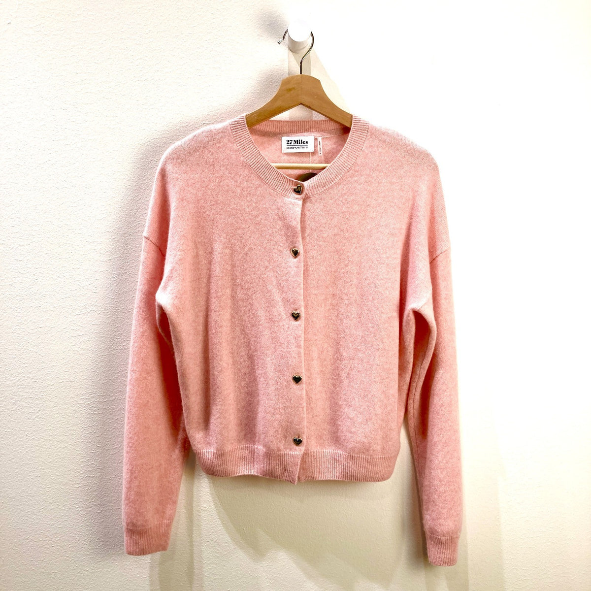 27 Miles $300 Blush Pink Heart Button Chiara Cashmere Sweater - Size M - 0930AC