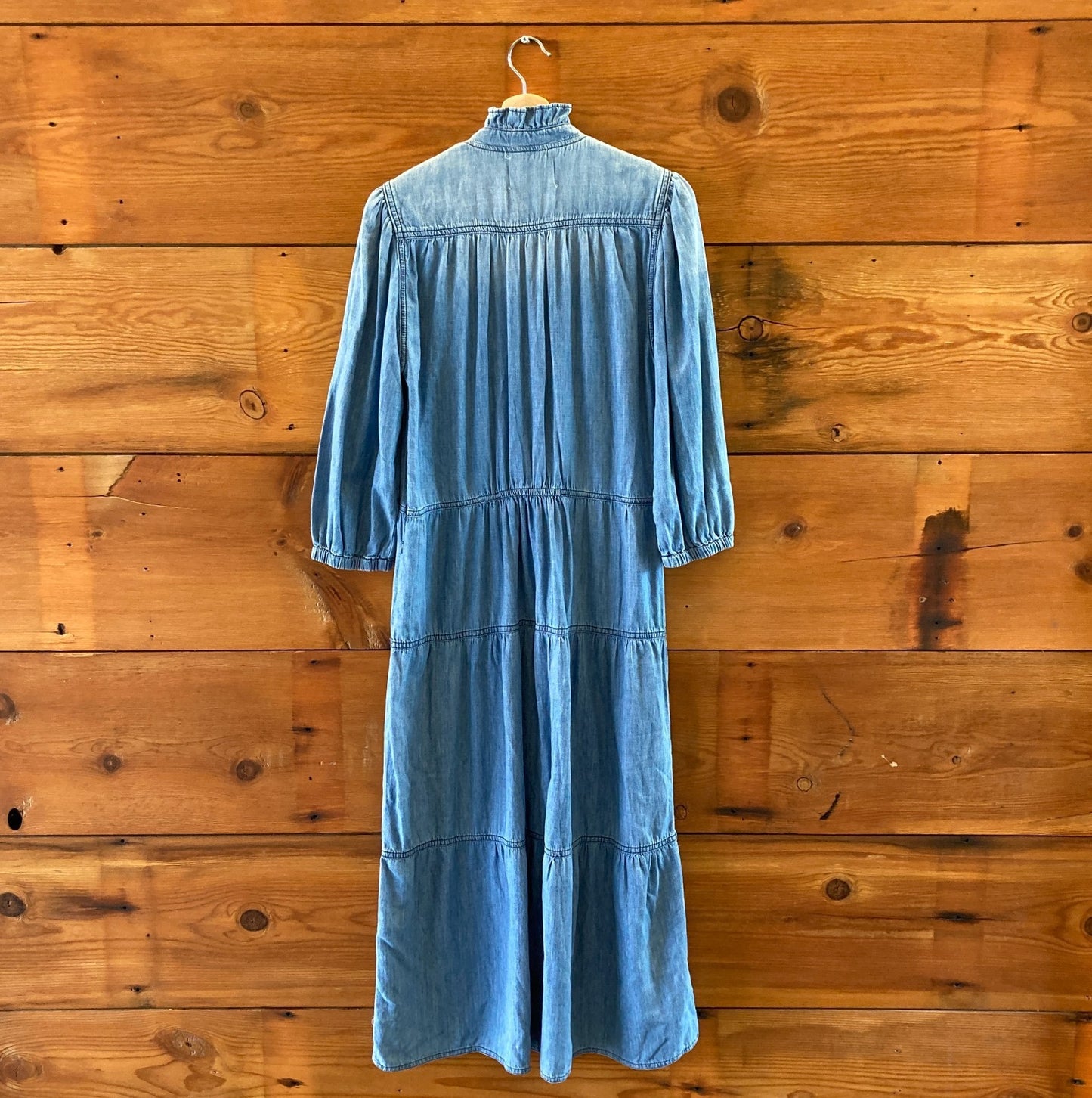 BA&SH Light Blue Denim Willow Tiered Midi Jean Chambray Dress  - Size M - 0316CK