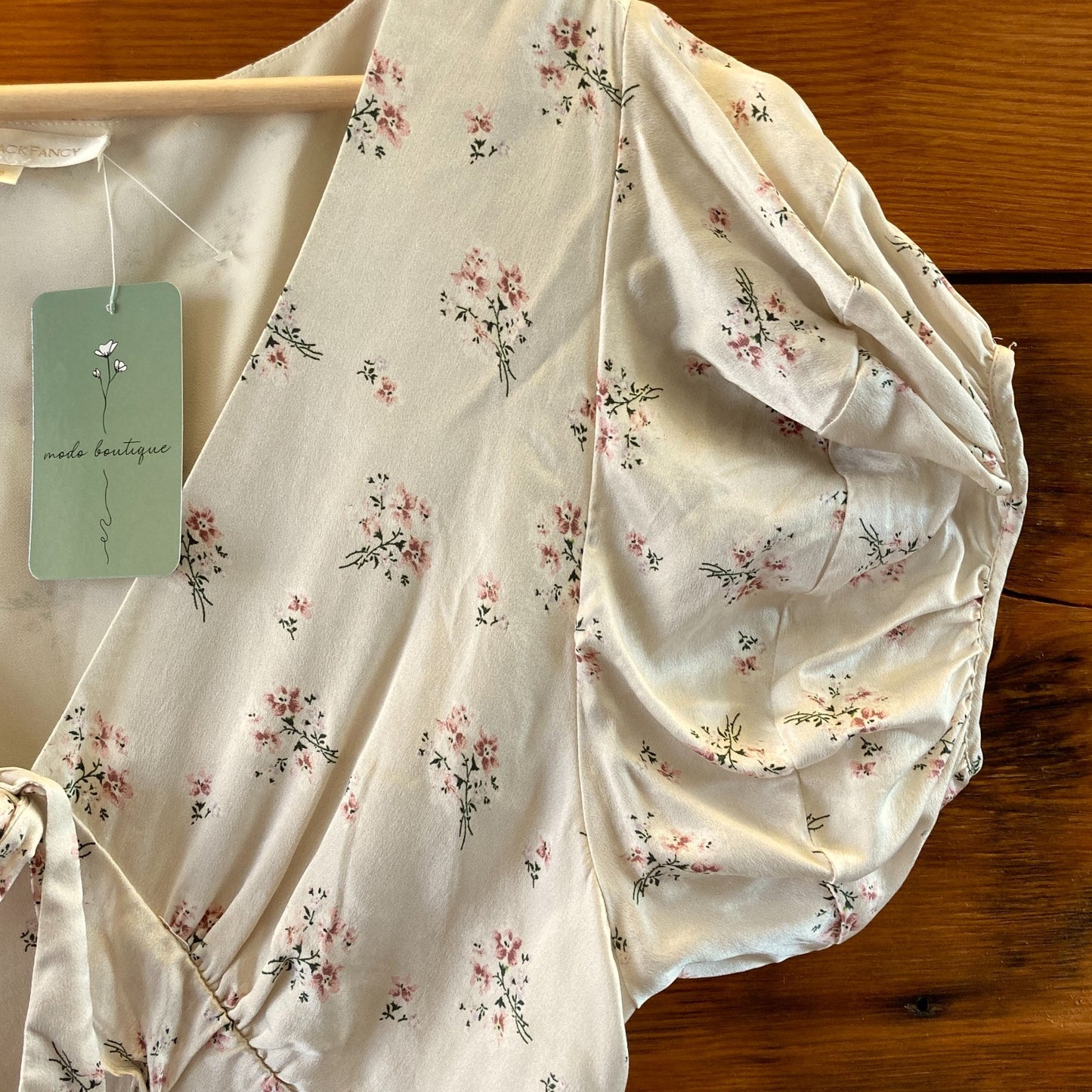 Love Shack Fancy White Floral Silk V-Neck Short Sleeve Dress - Size 8 - 1011SC