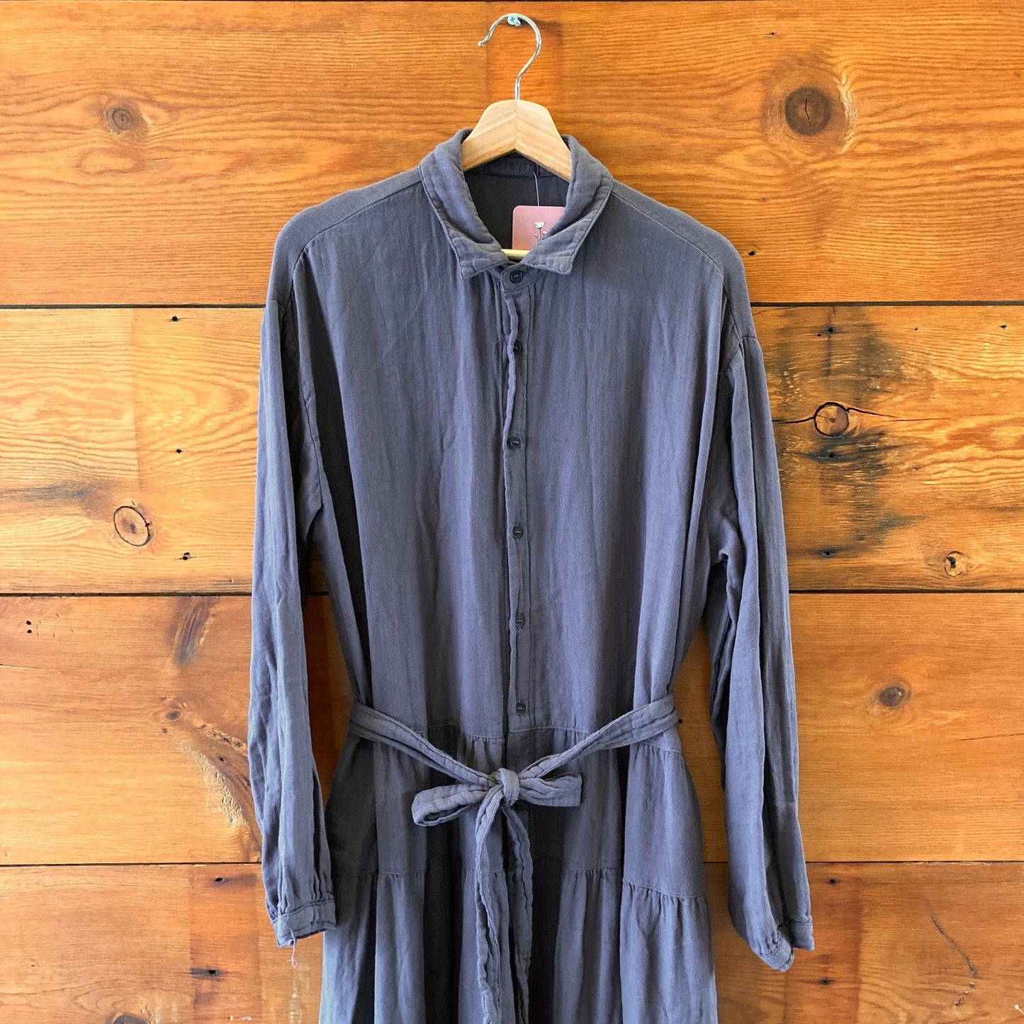 L - CP Shades Dark Gray Soft 100% Cotton Tie Waist Maxi Length Dress 0731EN
