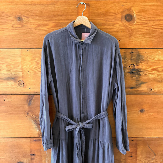 L - CP Shades Dark Gray Soft 100% Cotton Tie Waist Maxi Length Dress 0731EN