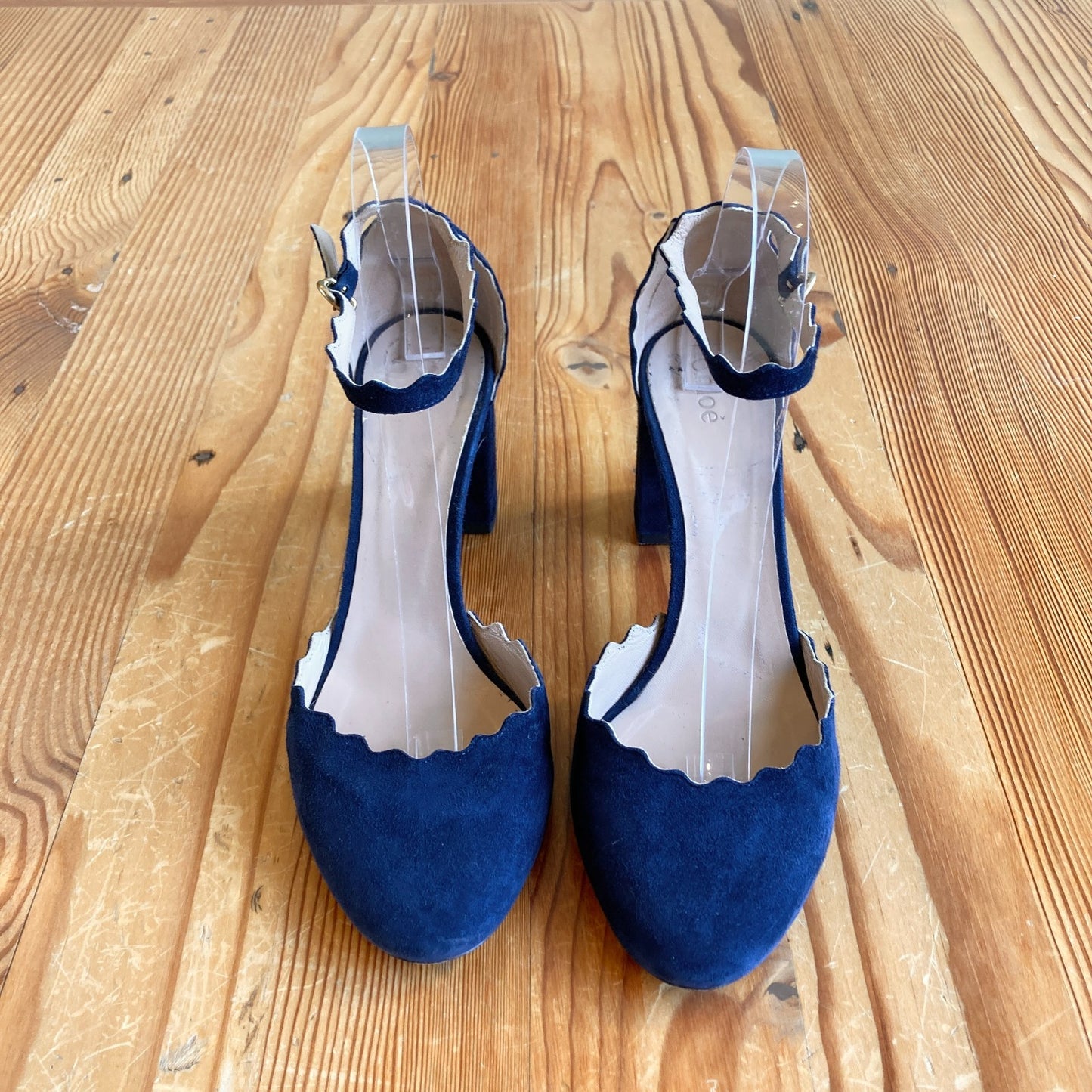 Chloe Navy Suede Scalloped D'Orsay Block Lauren Heels - Size 38 / 8 - 0926AD
