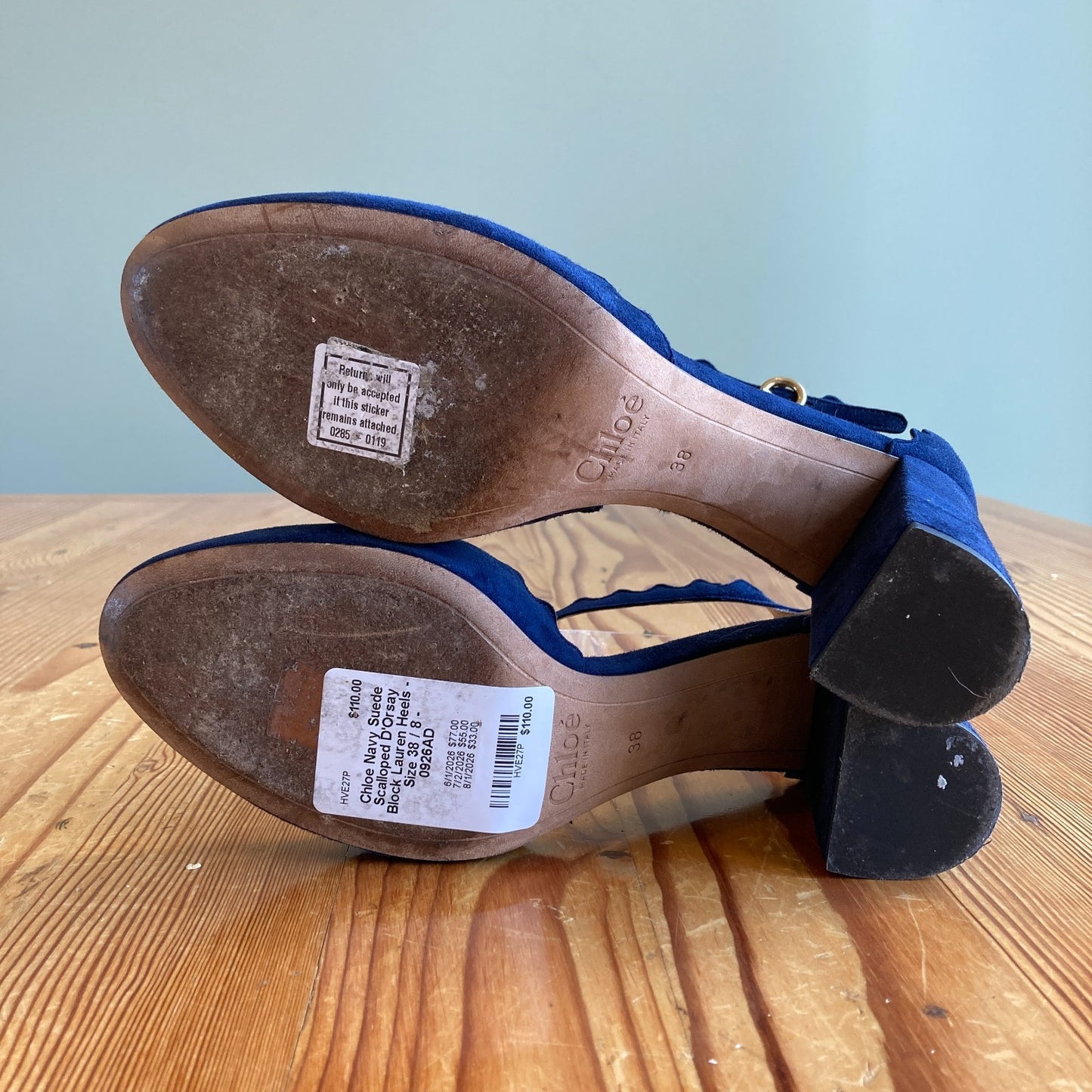 Chloe Navy Suede Scalloped D'Orsay Block Lauren Heels - Size 38 / 8 - 0926AD