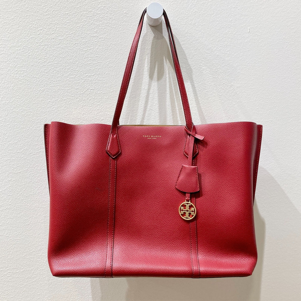 Tory Burch Deep Red Grained Leather Perry Triple Compartment Tote Purse - 0916KJ