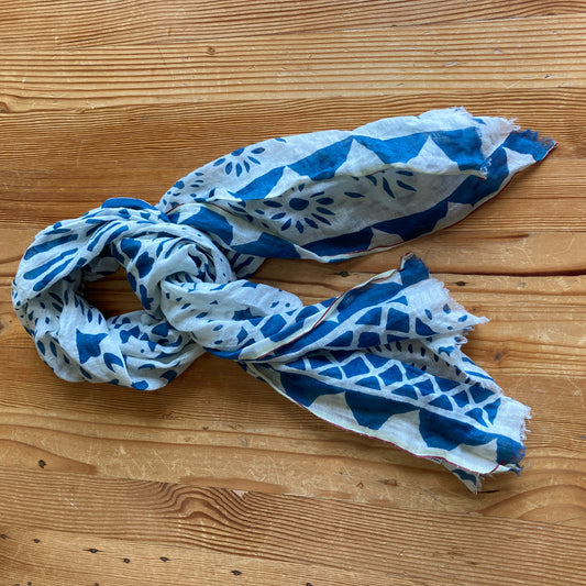 Epice Paris Blue White Geometric Graphic Print Linen Stole Scarf - 4427SC